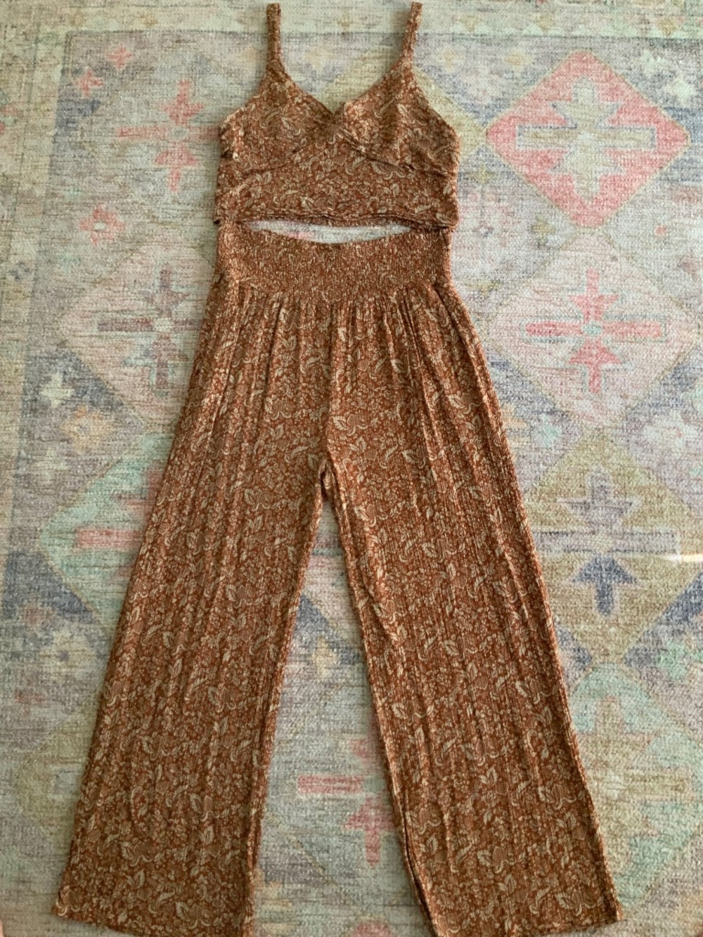 Two piece cope top and elastic waist wide leg pant